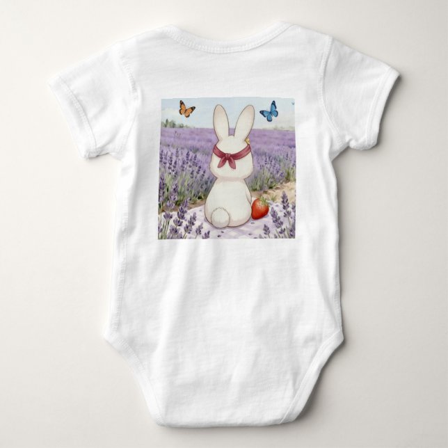 Body Para Bebê Little Bunny with Strawberry in Lavender Field (Verso)