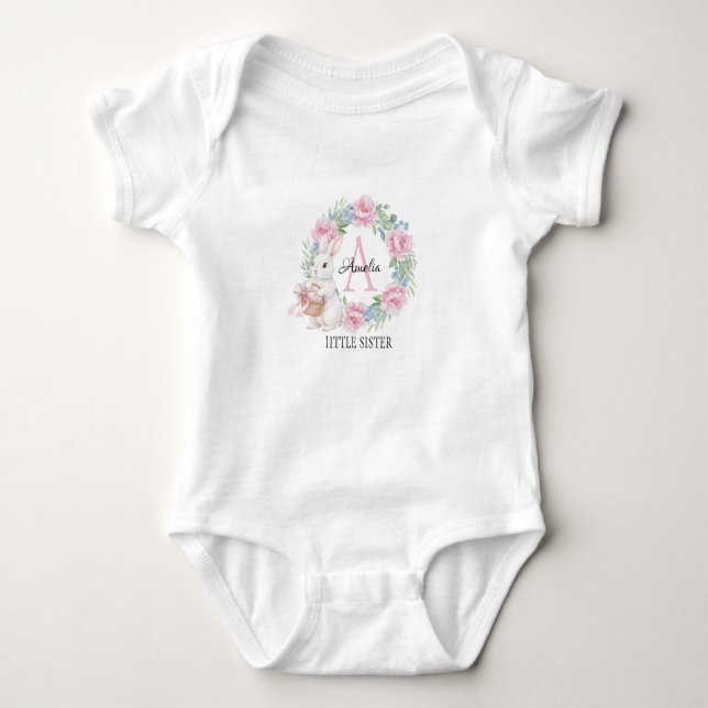 Body Para Bebê Little Sister Bunny Personalized Pink Rose (Frente)
