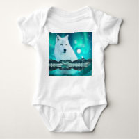 Lobo árctico e noite mágica com luzes nortes