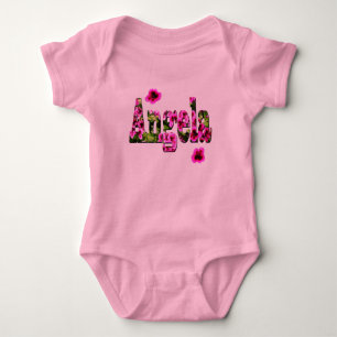 Body Para Bebê Logotipo do nome Angela Floral Rosa,  