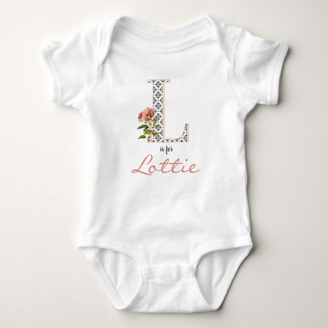 Body Para Bebê Lottie Name Reveal Floral Letter L Girl Whimsical (Frente)