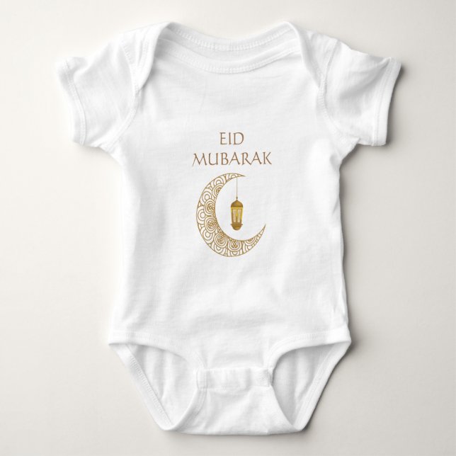 Body Para Bebê Lua Crescente Dourada & Lanterna Eid Mubarak Islâm (Frente)