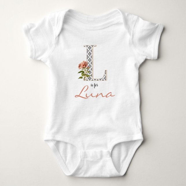 Body Para Bebê Luna Name Reveal Floral Letter L Girl Whimsical (Frente)