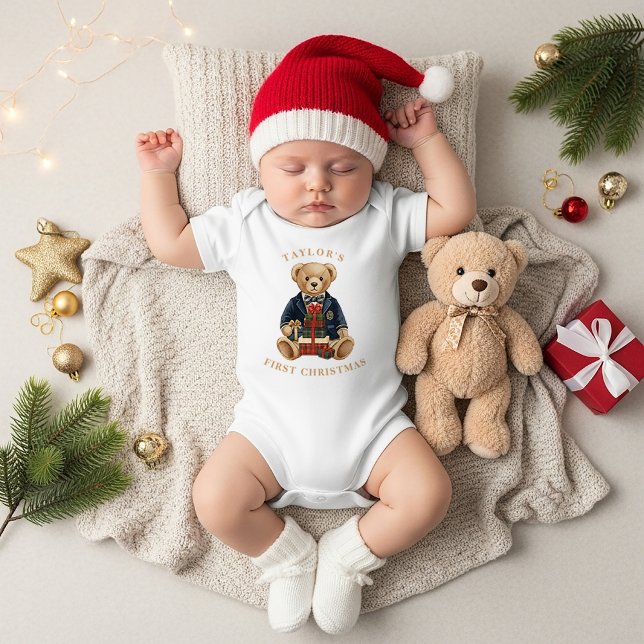 Body Para Bebê Luxe Preppy Plaid Teddy Bear | 1st Christmas (Criador carregado)
