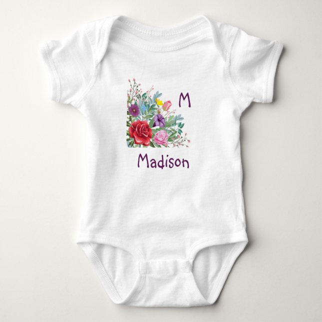 Body Para Bebê M Madison Personalize Nome Inicial, Flores de Rosa (Frente)