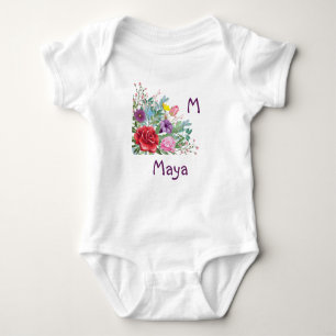 Body Para Bebê M Maya Personalizar Nome Inicial, Flores de Rosa