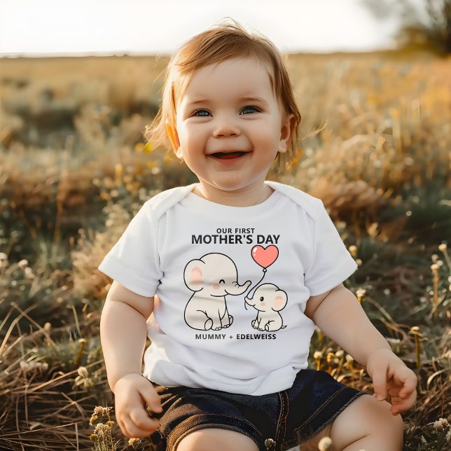 Body Para Bebê Mãe e Bebê Elefante Fofo Primeiro Dia das Mães (Criador carregado)