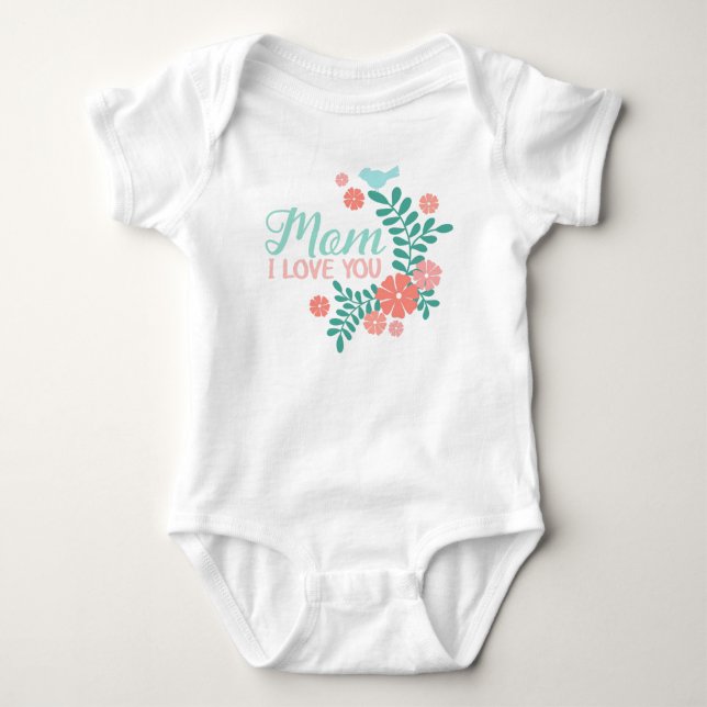 Body Para Bebê Mãe eu amo você texto, pássaro azul, flores rosa (Frente)