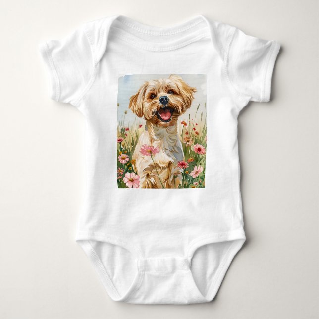 Body Para Bebê Maltese Watercolor Baby Bodysuit (Frente)