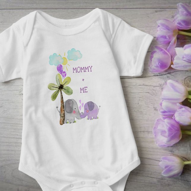 Body Para Bebê Mamãe e eu | Lilac Mãe e Bebê Elefante (Criador carregado)