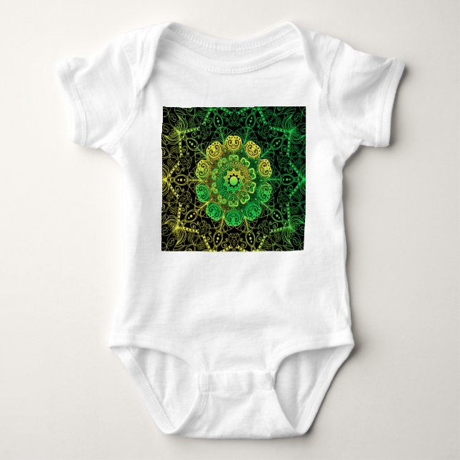 Body Para Bebê Mandala Art: Detalhe Verde Amarelo. (Frente)