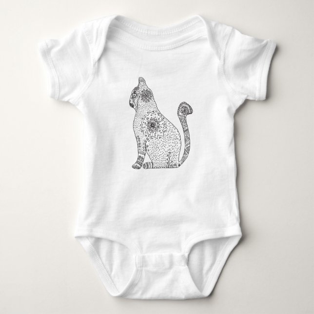 Body Para Bebê Mandala Cat Jersey Bodyfato, Branco (Frente)