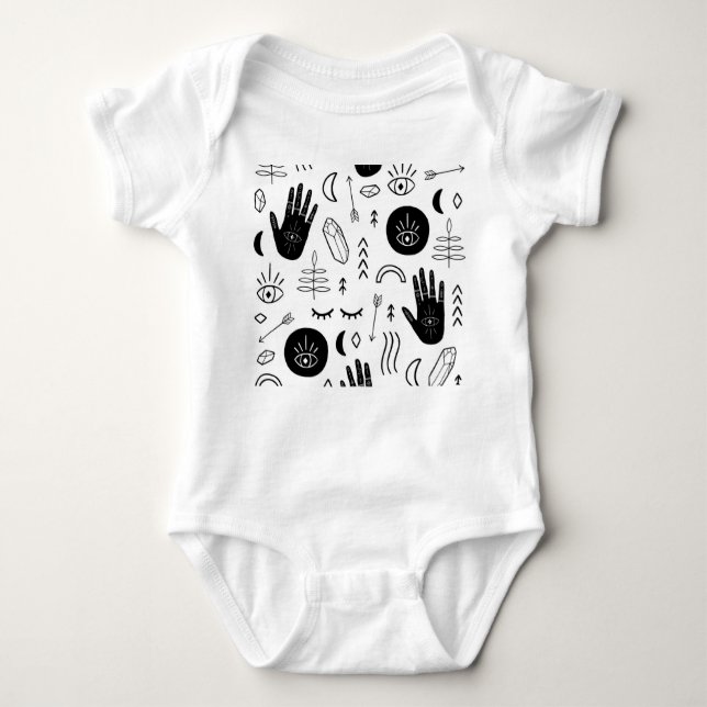 Body Para Bebê Mãos mágicas, lua, padrão étnico. (Frente)
