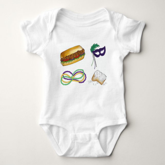 Body Para Bebê Mardi Gras NOLA New Orleans Máscara Miçanga Beigne (Frente)