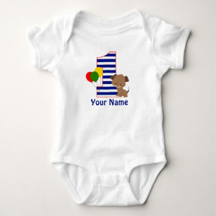 Body Para Bebê Marinho de puppy Stripe First BIrthday Shirt