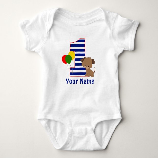 Body Para Bebê Marinho de puppy Stripe First BIrthday Shirt (Frente)