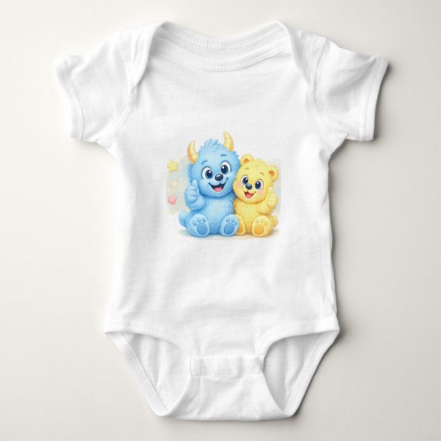 Body Para Bebê Melhores Amigos Monstrinhos Duo Pastel Doce (Frente)