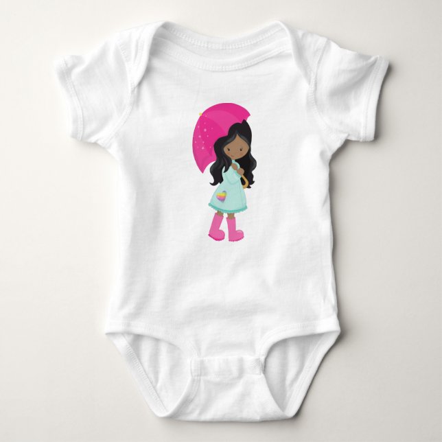 Body Para Bebê Menina Afro-Americana, Chuva, Impermeável, Guarda- (Frente)