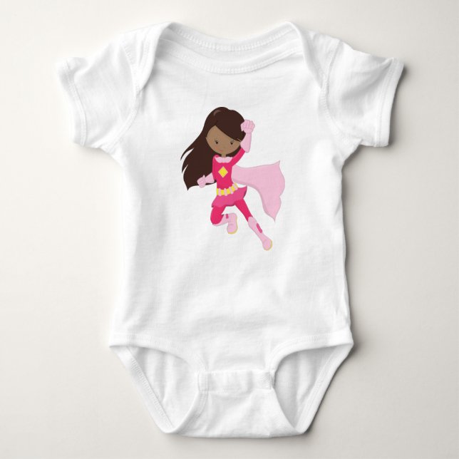 Body Para Bebê Menina Afro-Americana, Menina Super-Herói, Cape Ve (Frente)