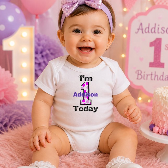 Body Para Bebê Menina de 1º Aniversário com Bolinhas Roxas (Purple Polka Dot 1st Birthday Girl Baby Bodysuit)