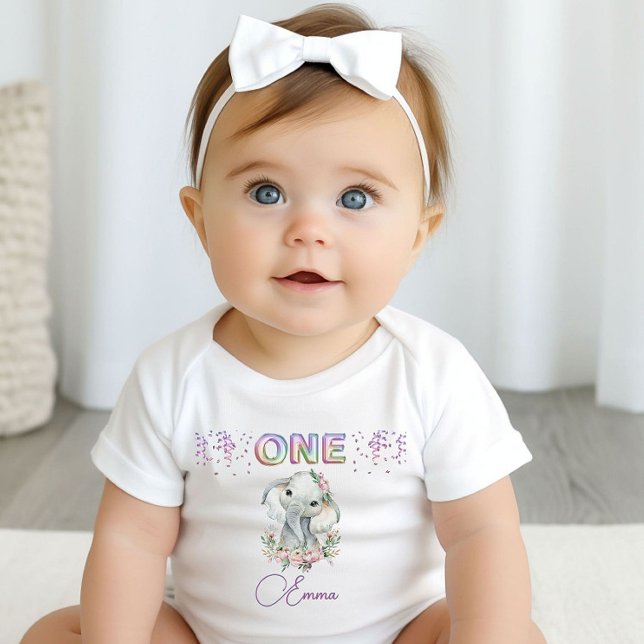 Body Para Bebê Menina Primeiro Aniversário Nome Elefante Cute Um (Criador carregado)