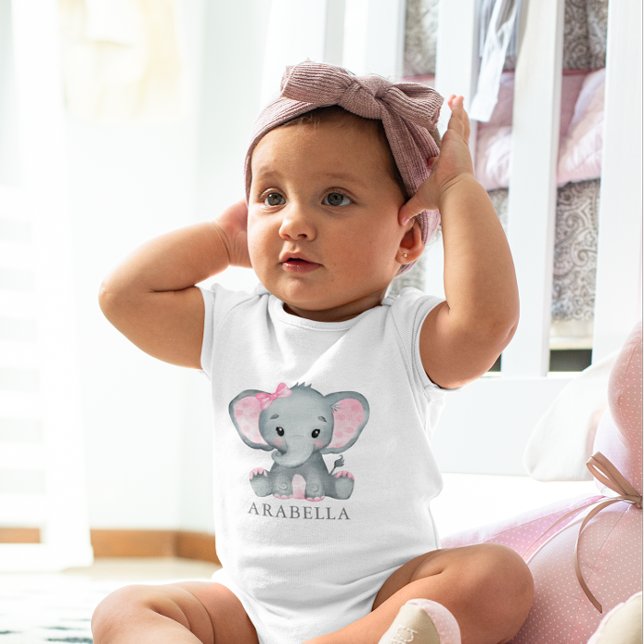Body Para Bebê Menina Rosa-Rosa-Elefante-Cana-Cura (Cute Watercolor Elephant Pink Baby Girl Baby Bodysuit)