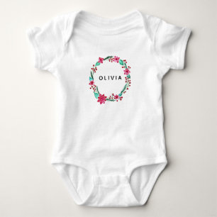 Body Para Bebê Meninas do Primeiro Natal Flower Wreath and Name