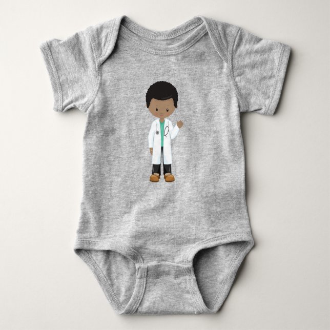 Body Para Bebê Menino Afro-Americano, Médico, Jaleco, Medicina (Frente)