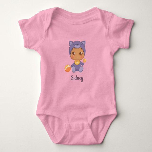 Body Para Bebê Menino Bebê Menina Gato Roxo Nome Personalizado (Frente)