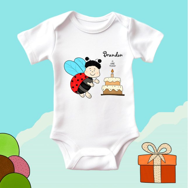 Body Para Bebê Menino joaninha com bolo (Criador carregado)