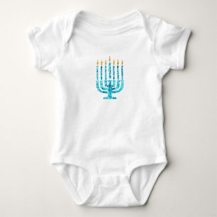 Body Para Bebê Menorá Mosaico Azul Luzes de Hanukkah Fé Judaica