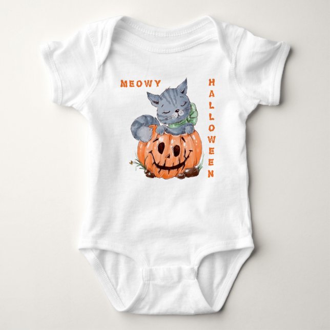 Body Para Bebê Meowy Jack o'Lantern Kitten Halloween (Frente)