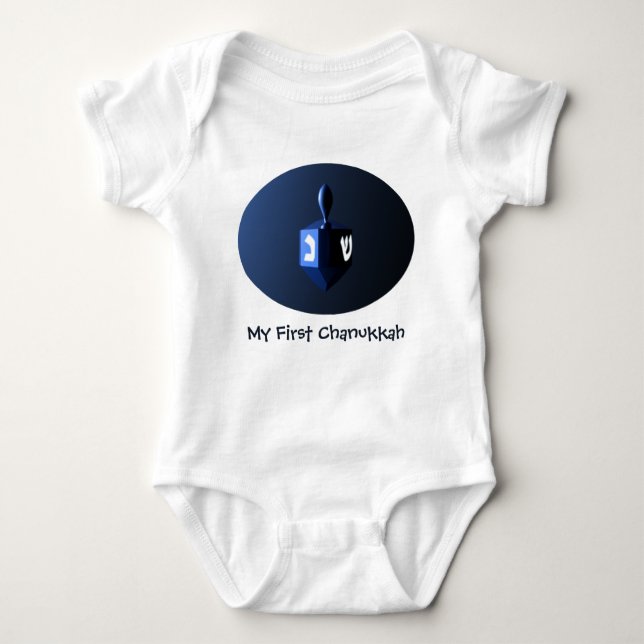 Body Para Bebê Meu Primeiro Chanukkah Shiny Blue Dreidel (Frente)