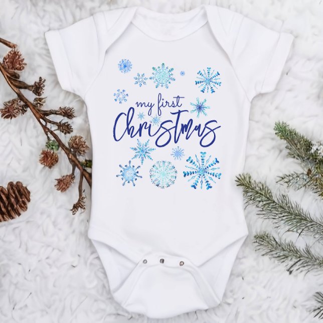Body Para Bebê Meu primeiro filho de Natal, flocos de neve azuis (Criador carregado)