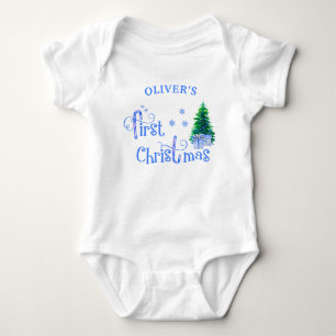 Body Para Bebê Meu Primeiro Natal Árvore de Natal Azul e Presente