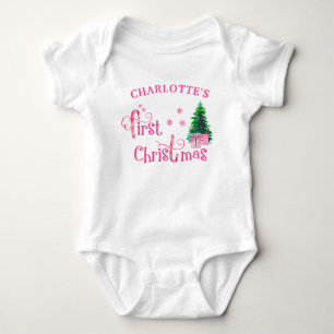 Body Para Bebê Meu Primeiro Natal Árvore de Natal Rosa e Presente