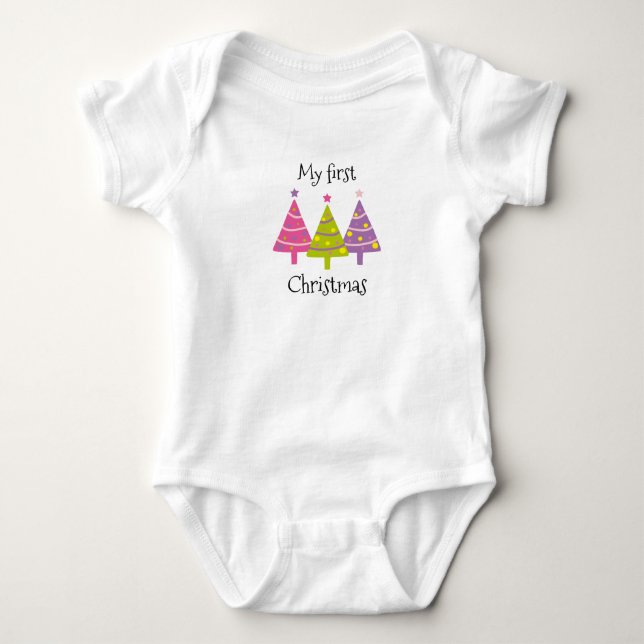 Body Para Bebê Meu Primeiro Natal Árvores Rosa Fofo (Frente)