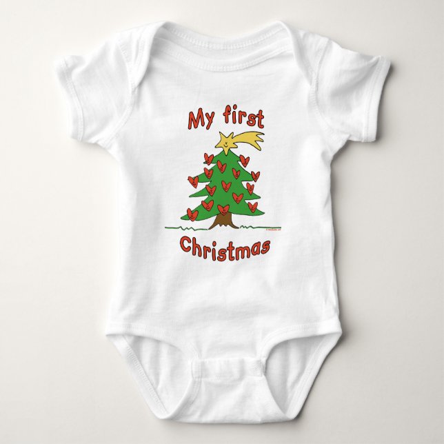 Body Para Bebê Meu primeiro Natal (design feliz da árvore) (Frente)
