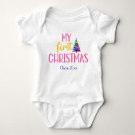 Body Para Bebê Meu Primeiro Nome De Árvore Neon Xmas Da Aquarela