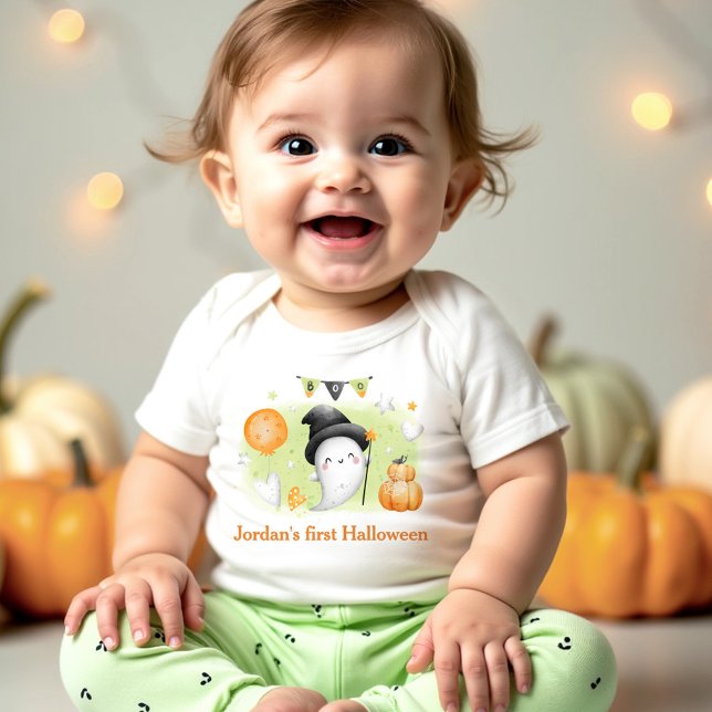 Body Para Bebê Meu primeiro nome de fantasma bonitinho de Hallowe (My first Halloween Cute Ghost Name Baby Bodysuit)