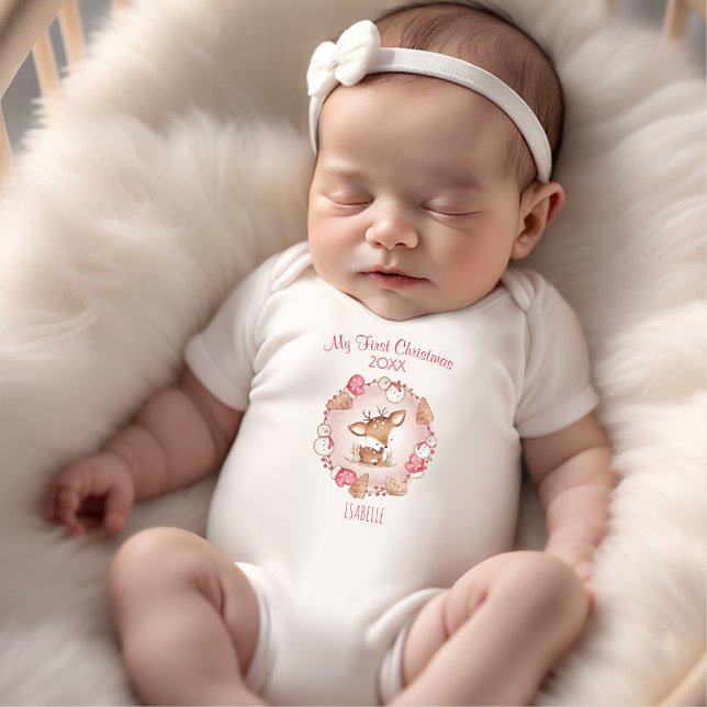 Body Para Bebê Meu Primeiro Nome Personalizado De Veado De Natal, (My First Christmas Deer Custom Name Pink Girl Baby Bodysuit)