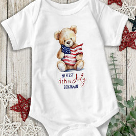 Body Para Bebê Meu Primeiro Quarto de Julho Patriótico Urso de Te
