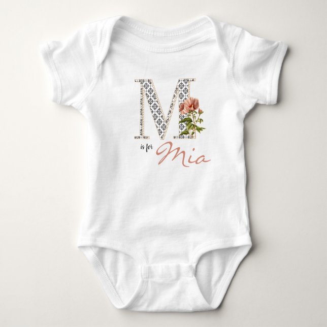 Body Para Bebê Mia Name Reveal Floral Letter L Girl Whimsical (Frente)