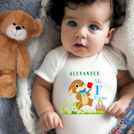 Body Para Bebê Minha 1ª Páscoa Coelho e Ovos de Páscoa Personaliz