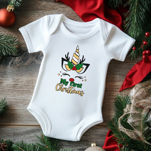 Body Para Bebê Minha Primeira Tipografia de Natal Unicórnio Festi