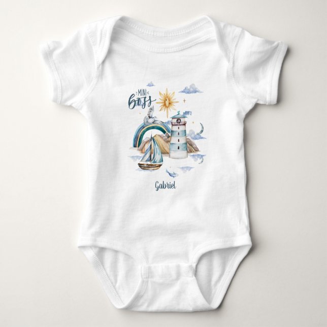 Body Para Bebê Mini Barco Chefe No Oceano Personalizável (Frente)