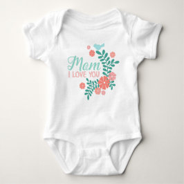Body Para Bebê Mom I love you text, blue bird, pink flowers