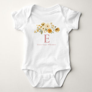 Body Para Bebê Monograma Floral Inicial Rosa Poeira para Menina