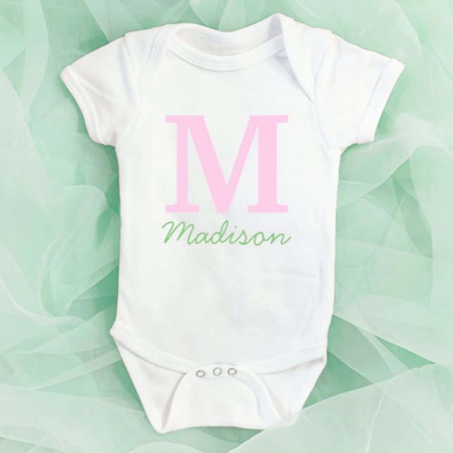 Body Para Bebê Monograma Nome Personalizado Inicial Rosa Verde (Criador carregado)