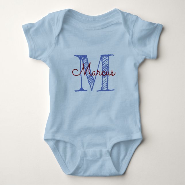 Body Para Bebê Monograma Personalizado Nome Blue Baby Boy Mand Le (Frente)